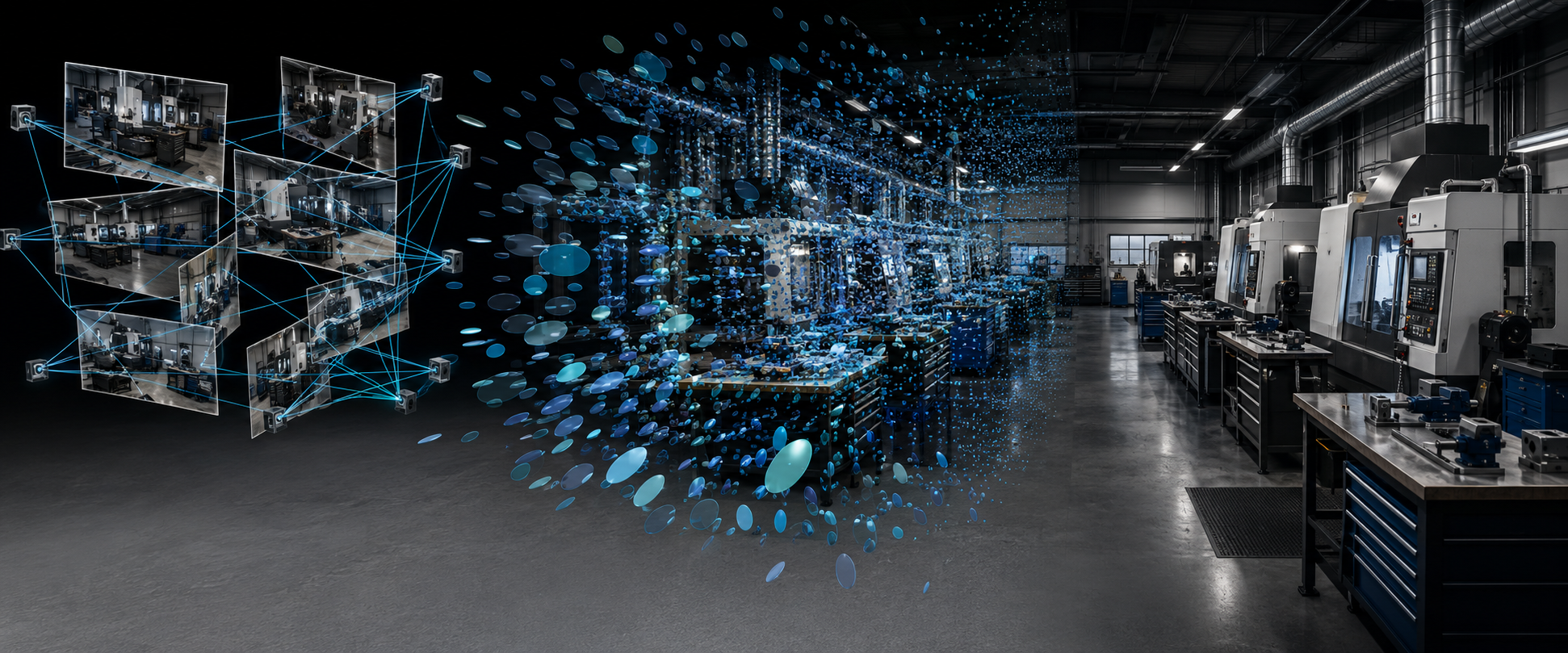 Three-stage illustration showing camera capture of a CNC shop, translucent Gaussian ellipsoids reconstructing its structure, and the final photoreal rendered view